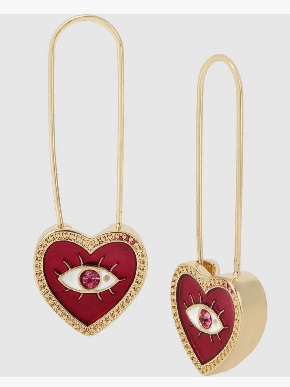 Betsey Johnson Evil Eye Protection Heart Safety Pin Hoop Earrings Crystal